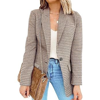 Asvivid Retro Notch Lapel One Button Casual Blazer Plaid Long Sleeve Company Office Blazers Open ... | Amazon (US)