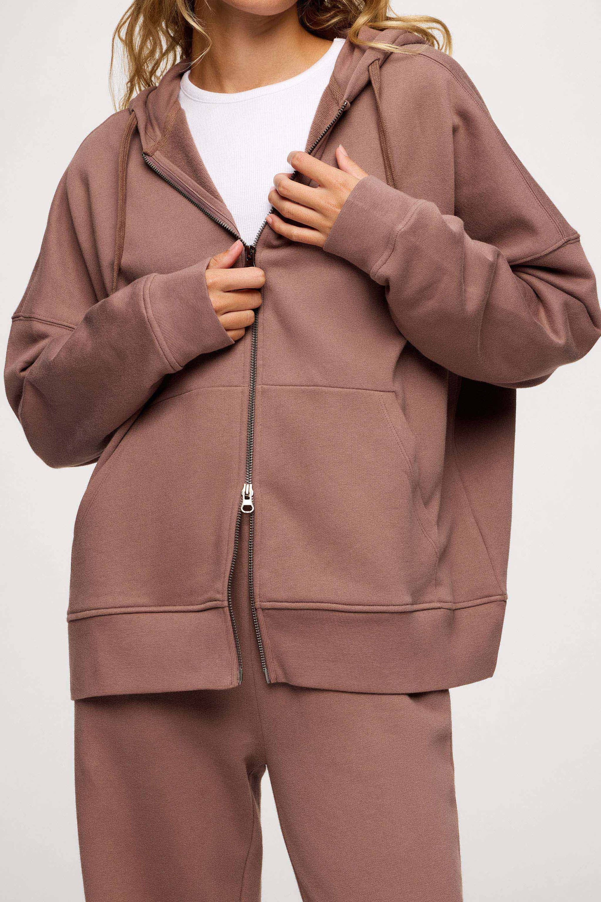 Core Fleece Two Way Zip Hoodie | Heather Grey | nuuds