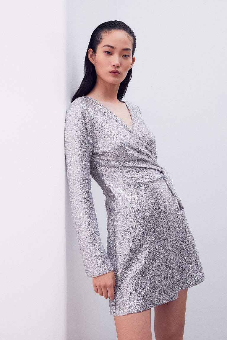 Sequined Wrap Dress - Silver-colored - Ladies | H&M US | H&M (US + CA)