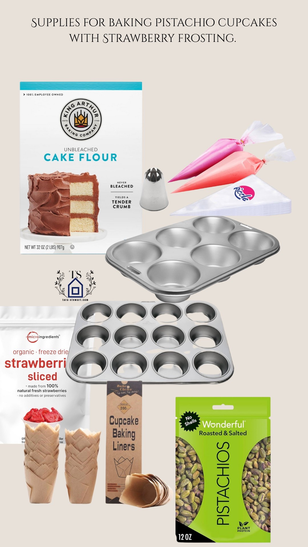 Supplies to make professional looking cupcakes. Stainless steel muffins tins are the best option when baking. Follow me @ tarastewartlife on IG for my Pistachio cupcake with strawberry frosting cupcakes recipe  