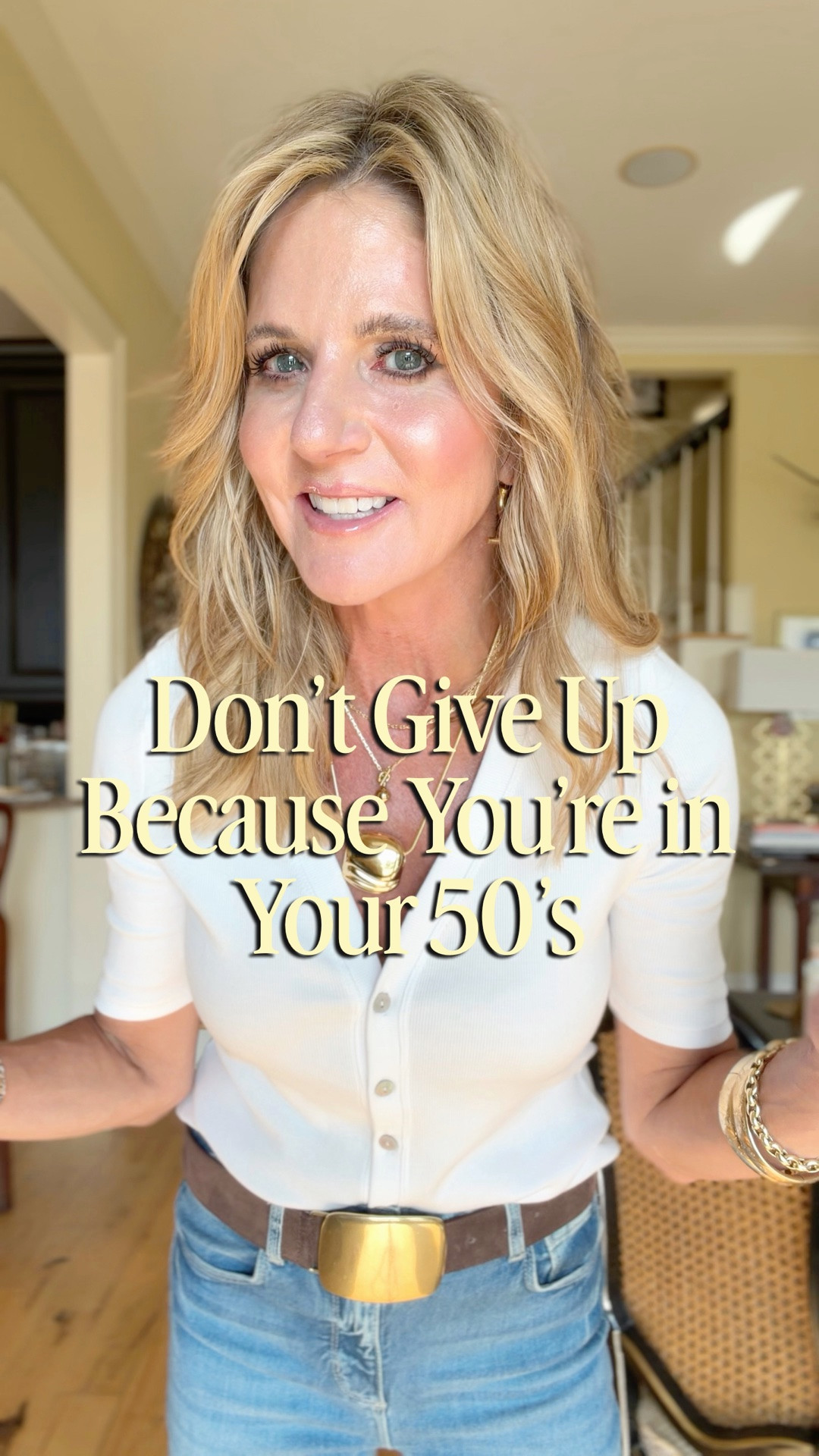 Your age is NOT an excuse to stop showing up for yourself!! Did you hear me?? Don’t give up because you’re in your 50’s!

Get out of the leggings. Get dressed. Fix your hair. Do your makeup. I PROMISE you will feel better about yourself. It truly makes a difference. And when we feel better? We’re more confident. We’re nicer. Your family will appreciate it 😉

I’m Tracey, I’m 55, and I want to encourage you to get up and get dressed every day!  Every day. It can be as simple as styling a basic white tee and jeans. Just do it.

#LTKootd #LTKOver40 #LTKstorytime