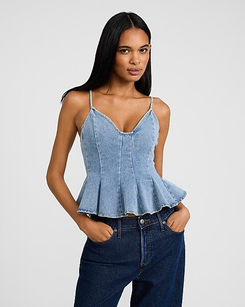 Light Wash Denim V-Neck Seamed Peplum Tank | Express