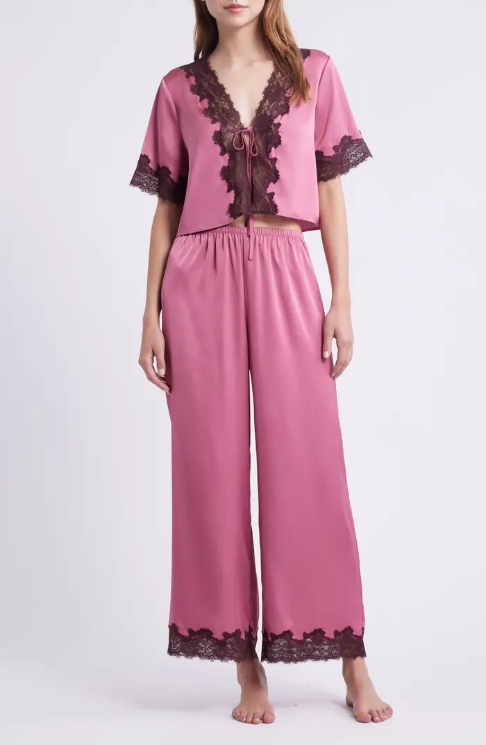 Open Edit Lace Trim Stretch Satin Crop Pajamas | Nordstrom | Nordstrom
