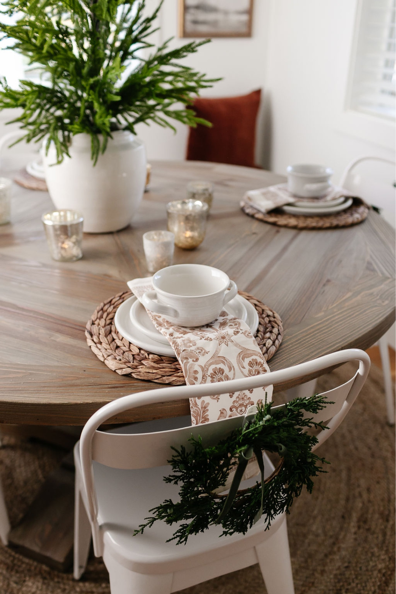 A simple dining room table decor look that will take you from Thanksgiving through Christmas. Round farmhouse table, Amazon, furniture, Amazon decor.

#LTKhome #LTKHoliday #LTKfindsunder50