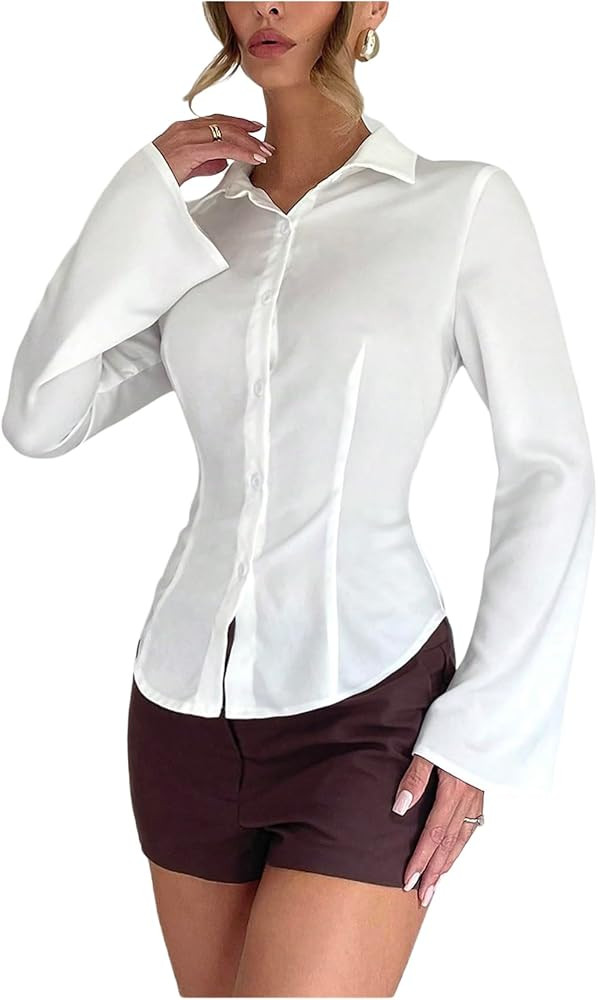 GORGLITTER Women's Fitted Button Up Shirt Cinched Waist Bell Sleeve Blouses Dressy Collar Neck Bu... | Amazon (US)