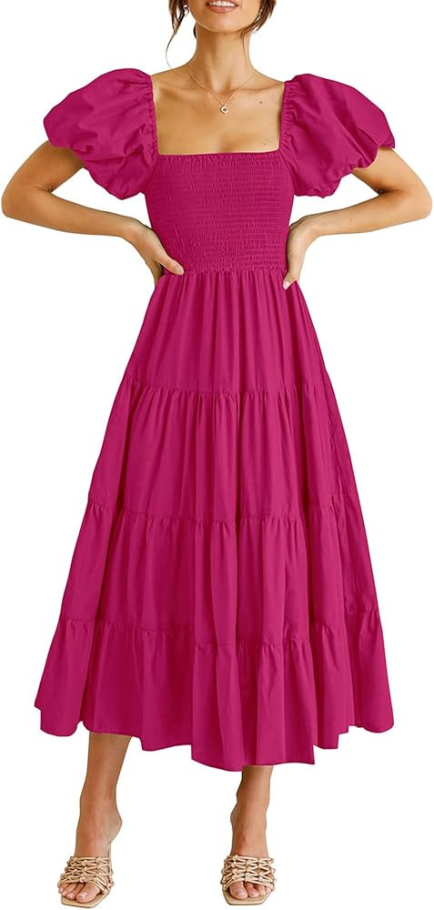 PRETTYGARDEN Womens Summer Puffy Short Sleeve Square Neck Smocked Tiered Ruffle Midi Dress | Amazon (US)