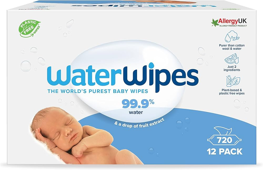 WaterWipes Plastic-Free Original Baby Wipes, 99.9% Water Based Wipes, Unscented for Sensitive Ski... | Amazon (UK)