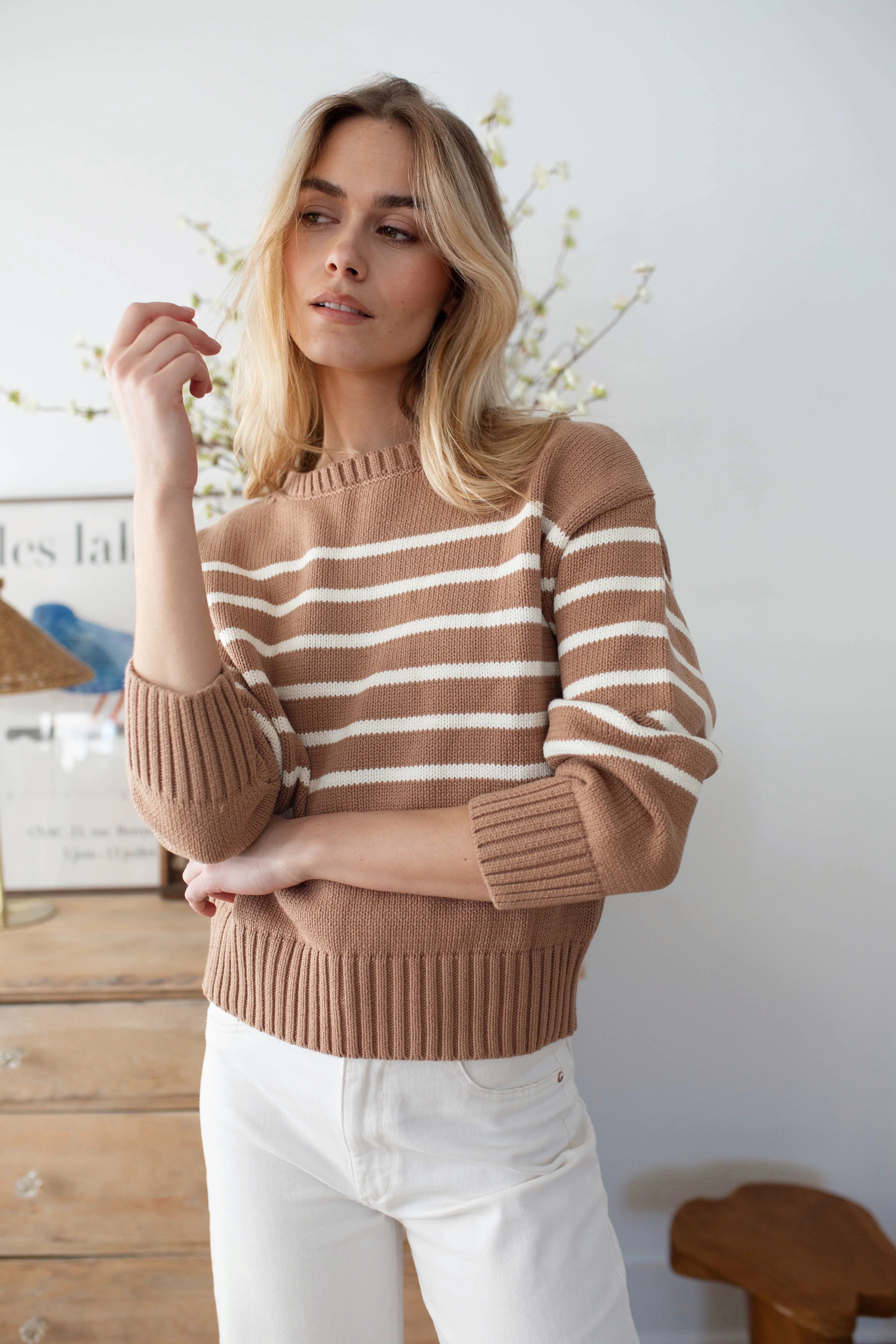 Lake Sweater - Camel/Ivory Stripe | Marea