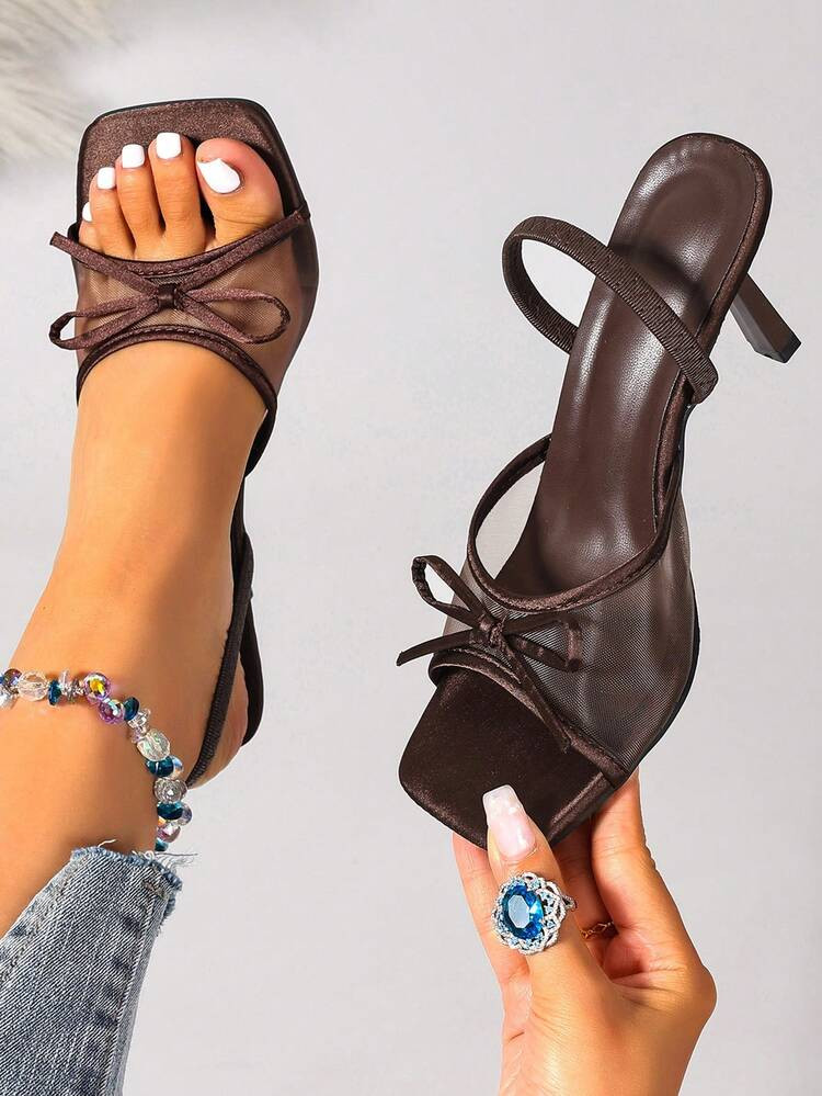 Brown New Fashion Open Toe Mesh High Heel Sandals, Versatile Simple Thin Heel Mule Slide Sandals For Women, Summer | SHEIN