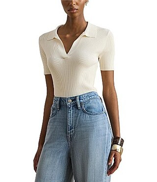 Lauren Ralph Lauren Ribbed Knit Polo Collar Short Sleeve Sweater - S | Dillard's
