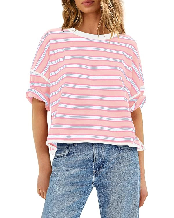 Panadila Womens Striped Shirt Short Sleeve Tops Summer Casual Oversized Tshirts Crew Neck Boxy Te... | Amazon (US)