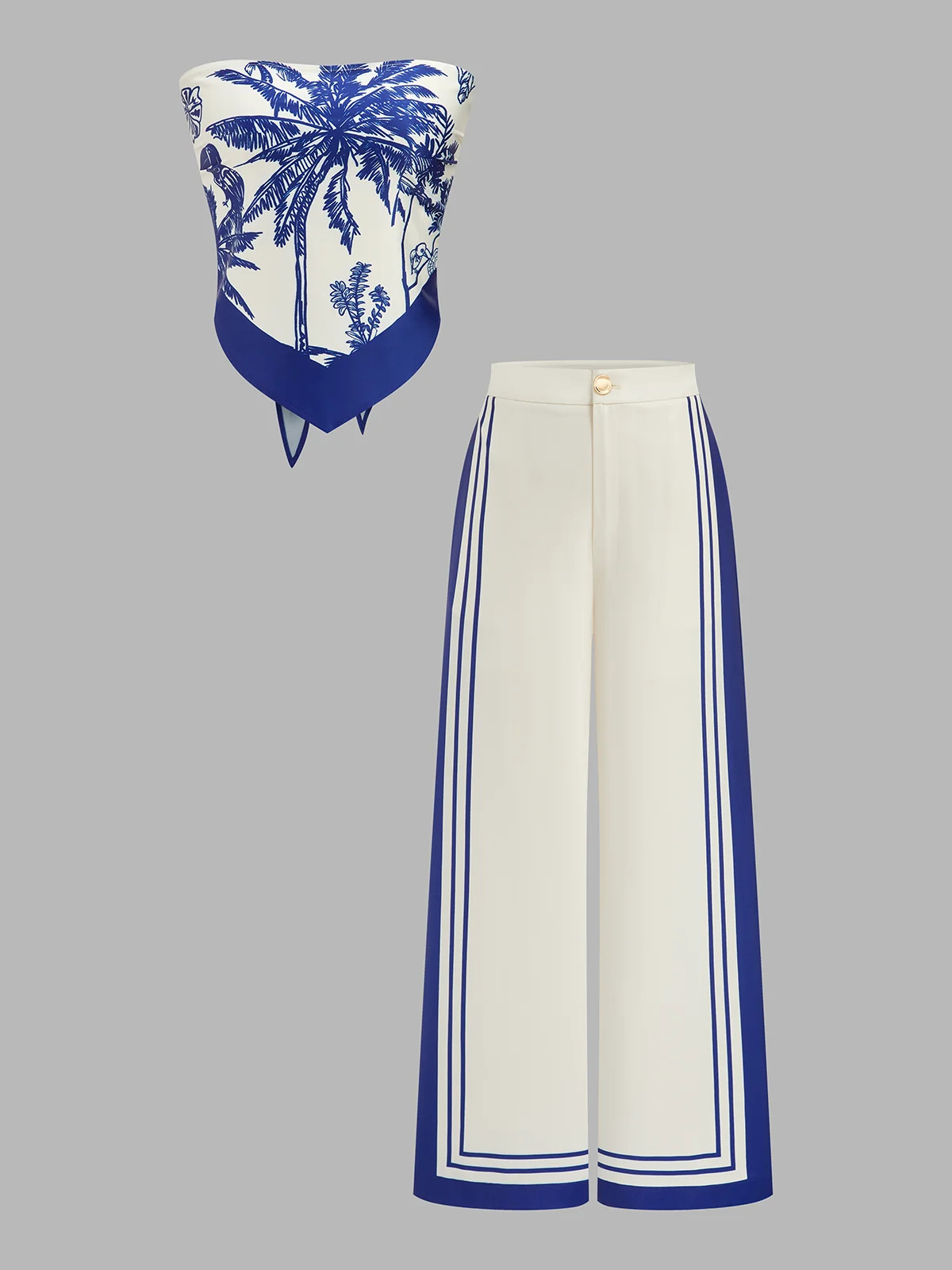 Printed Strapless Top & Wide Leg Pants Set | Commense
