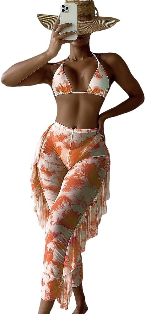 MakeMeChic Women's 3 Piece Swimsuit Triangle High Cut Bikini Set with Ruffle Trim Beach Cover Up ... | Amazon (US)