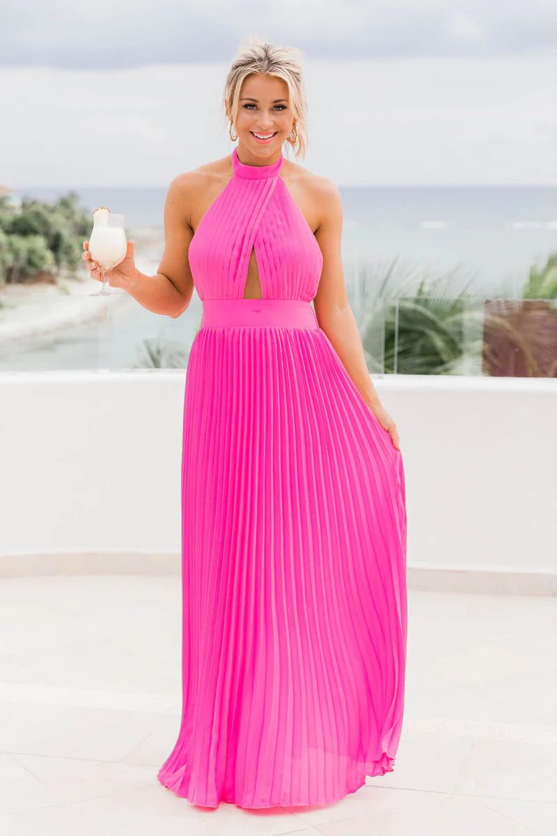 Sunny Gleam Pink Accordion Halter Maxi Dress | The Pink Lily Boutique