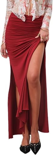 Women's Sexy Ruched Maxi Skirt Side High Slit Elastic Waist Bodycon Long Skirts Trendy | Amazon (US)