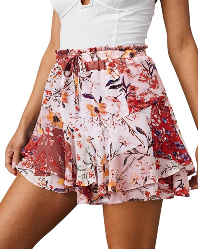 Flowy Shorts for Women Casual Cute Floral Skorts Chiffon Ruffle Tennis Mini Skirts Butterfly Summ... | Amazon (US)