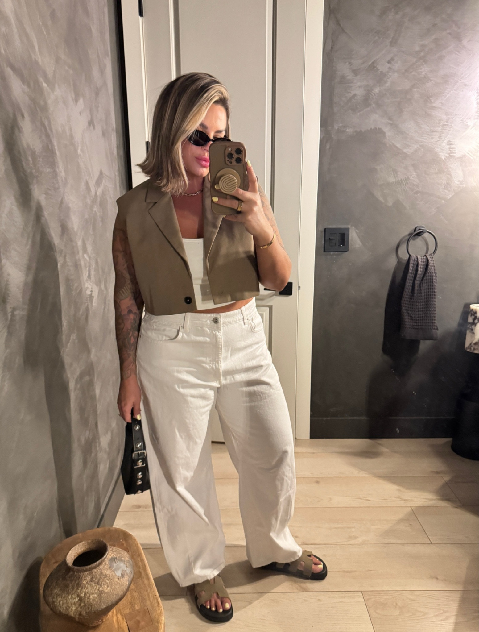 Vest L 
Tank L 
Jeans 12 
Sandals tts 
#zara #blazer #cropped #denim 

#LTKSaleAlert #LTKMidsize #LTKFindsUnder50