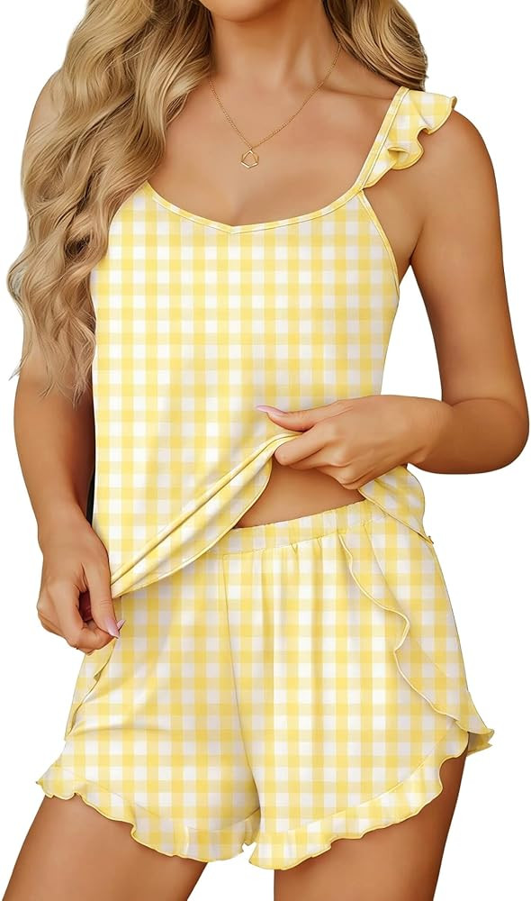Ekouaer Womens Pajama Sets Ruffle Cami Top and Shorts 2 Piece Lounge Set Sleepwear, Summer Comfy ... | Amazon (US)