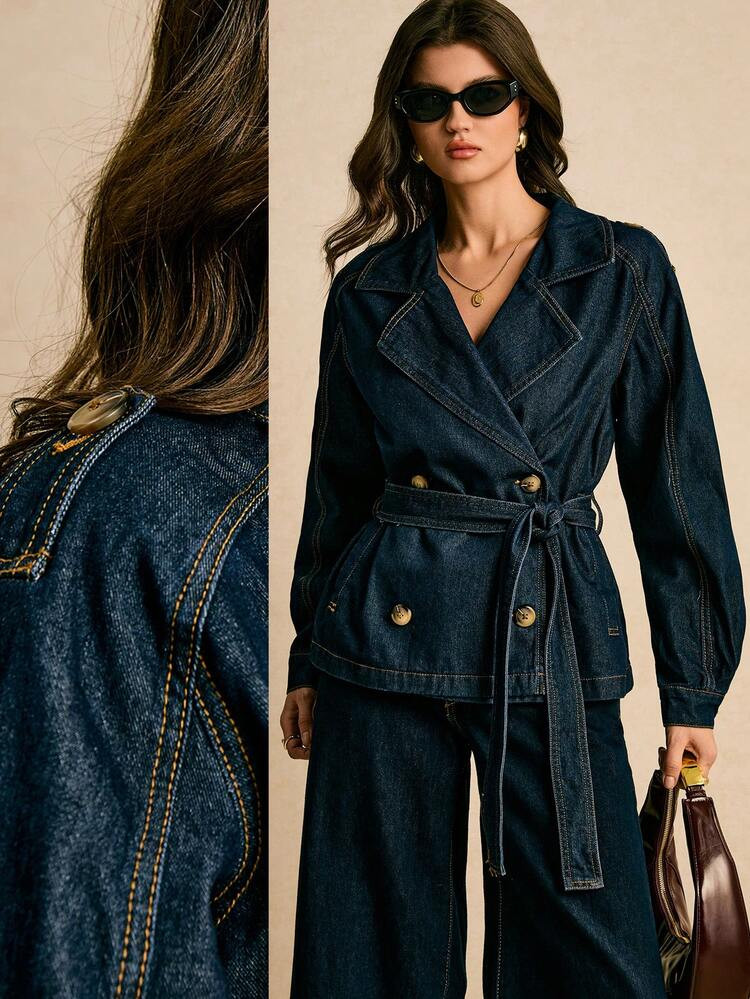 Poéselle Women's Fashionable Casual Double-Breasted Belted Denim Jacket Trench Coat Women Winter Women Coat Business Casual Women New Years Long Sleeve Women Shirts | SHEIN