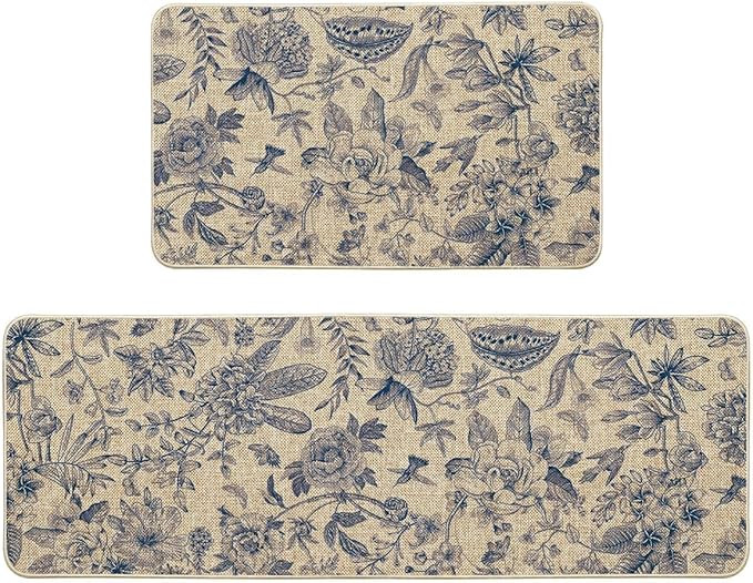 Artoid Mode Blue Floral Flowers Spring Kitchen Mats Set of 2, Home Decor Low-Profile Kitchen Rugs... | Amazon (US)