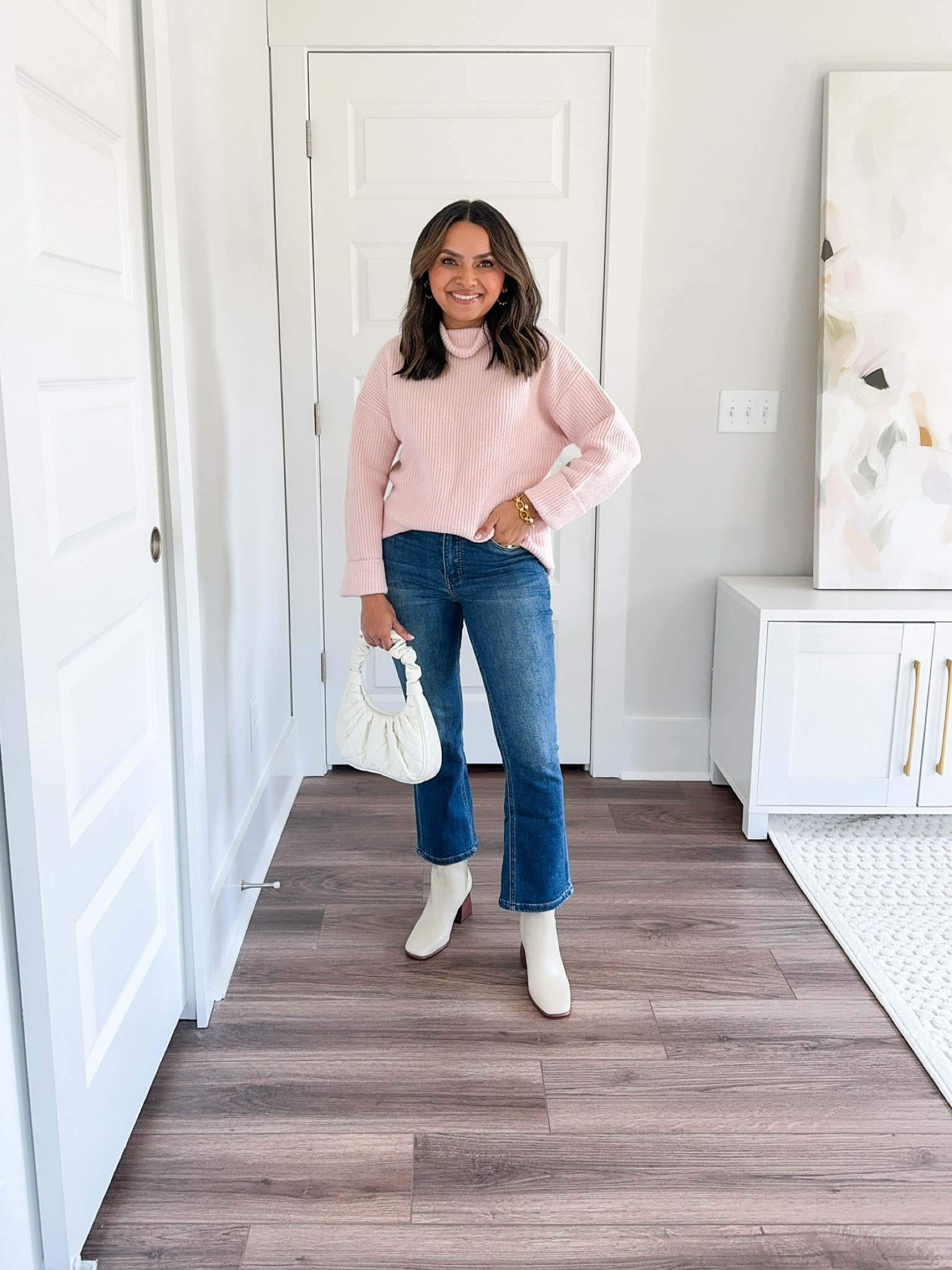 Pink turtleneck sweater size XXS TRS 
Denim ankle jeans size 25 petite - sized down a size 
White booties size 5.5 TTS 

Nordstrom sale 
NSALE 
Work outfits 
Teacher outfits 
Fall outfits 

Honey sweet petite 
Honeysweetpetite 

#LTKStyleTip #LTKWorkwear #LTKxNSale