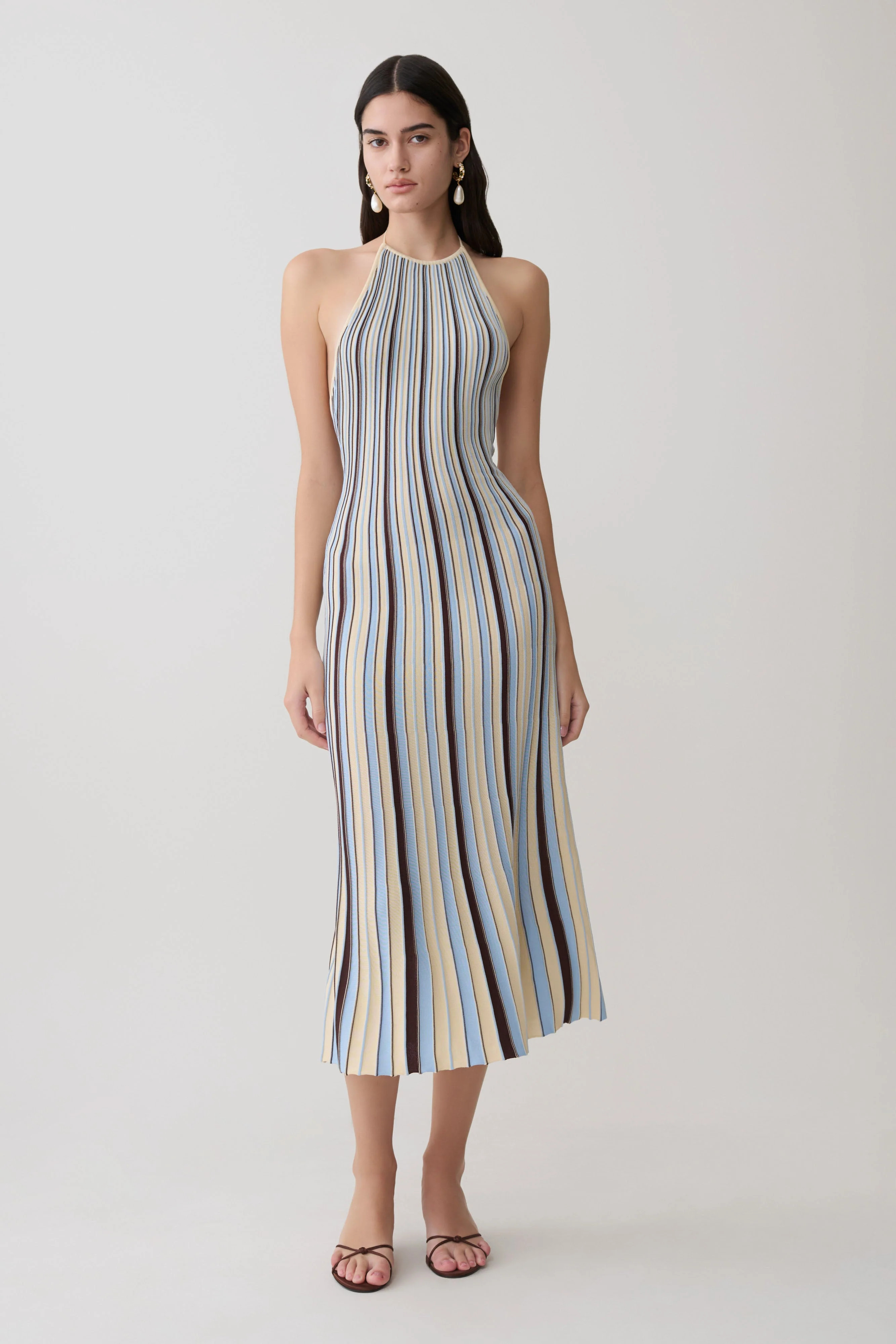 Dalani Halterneck Knit Midi Dress - Blue/Chocolate | Meshki UK