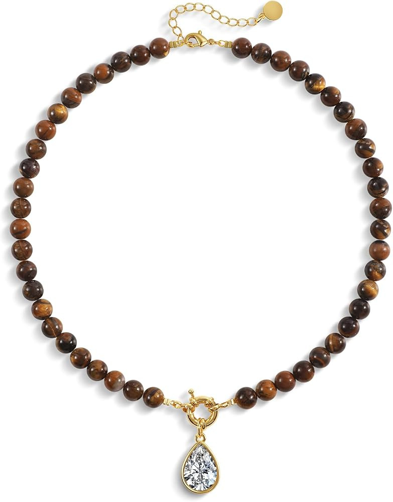 Beaded Gemstone Necklaces for Women Boho Beaded Choker Necklace CZ Diamond Water Drop Pendant Nec... | Amazon (US)