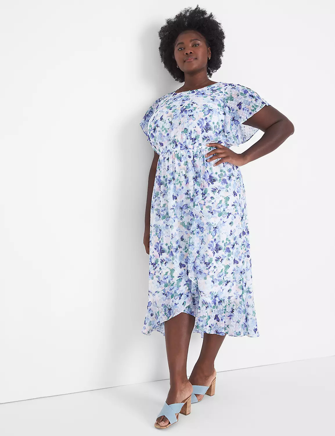 Split Flutter-Sleeve Clip Dot Midi Dress | LaneBryant | Lane Bryant (US)