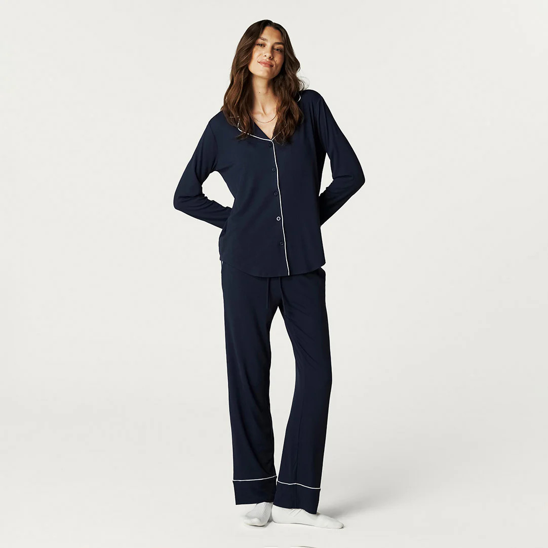 Solid Blue Long Sleeve Varsity Navy Women's Premium Knit Luxe Pajama Set | Posh Peanut® | Posh Peanut