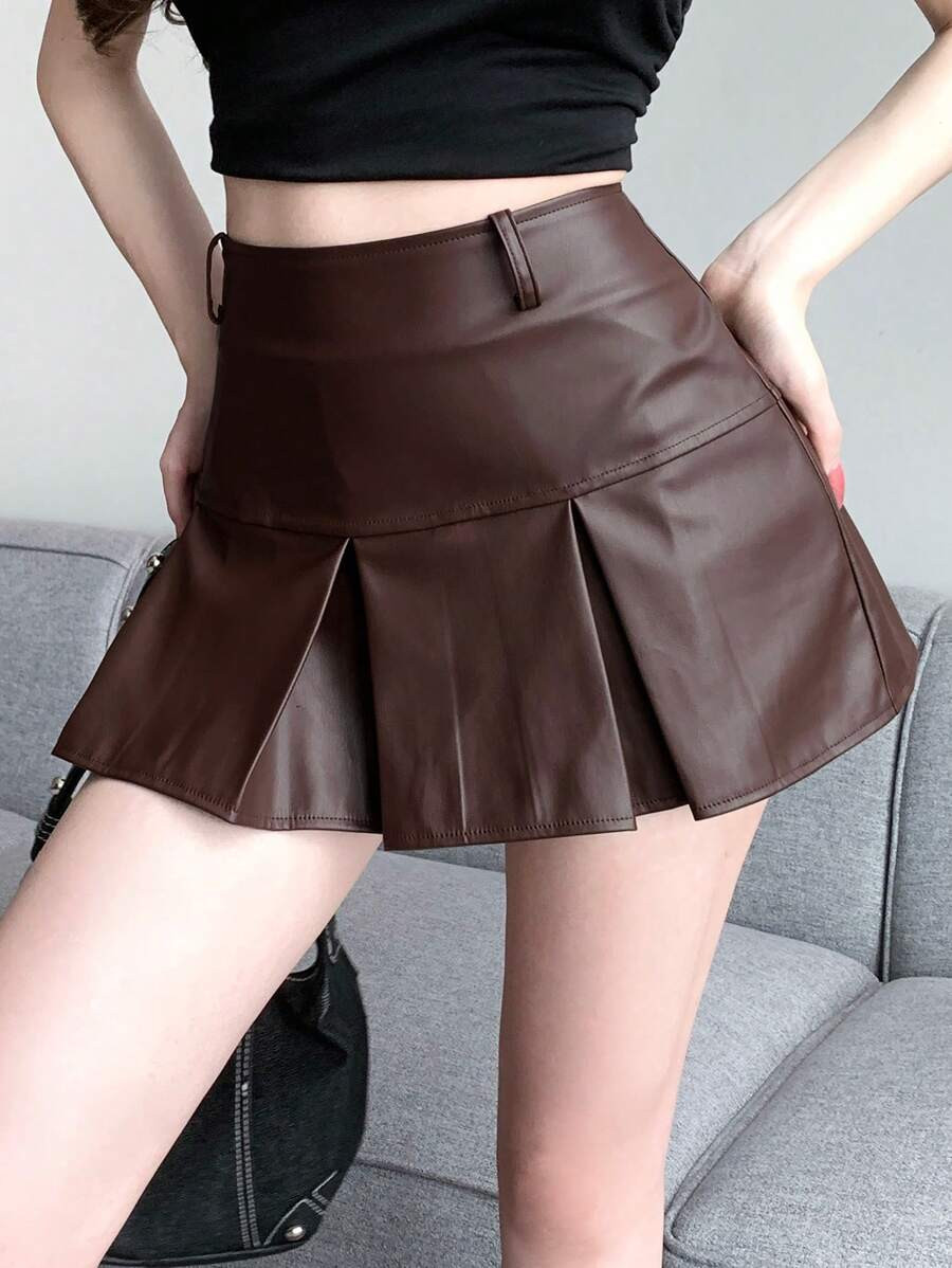 DAZY Women Solid Color Pleated PU Skirt Fall Skirts | SHEIN