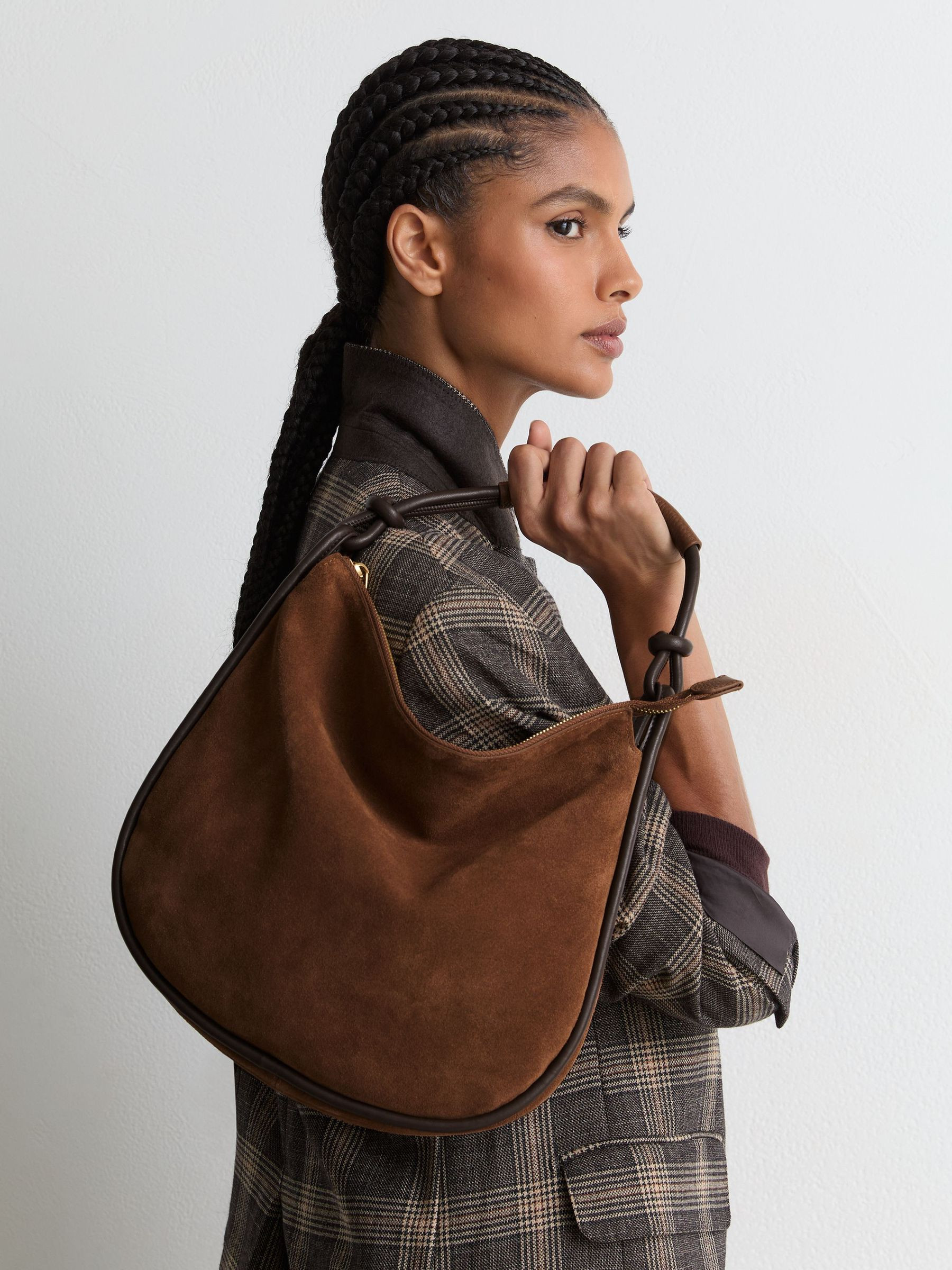 Reiss Suede and Leather Curved Shoulder Bag in Tan - REISS | Reiss UK