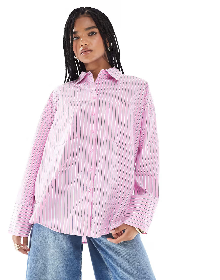 Pimkie collared poplin oversized sleeve shirt in pink stripe | ASOS (Global)