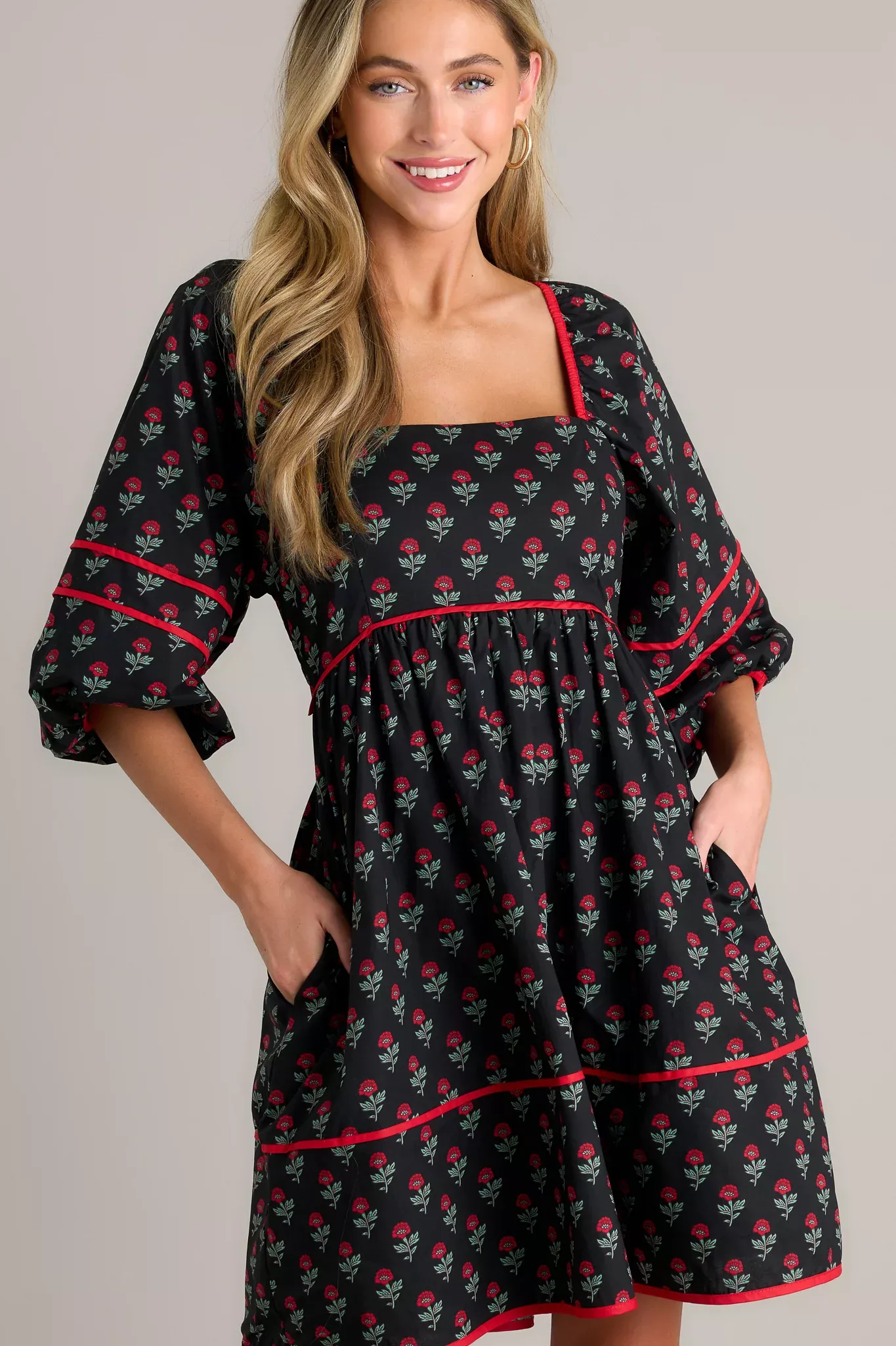 Midnight Rose 100% Cotton Black Floral Puff Sleeve Mini Dress | Red Dress