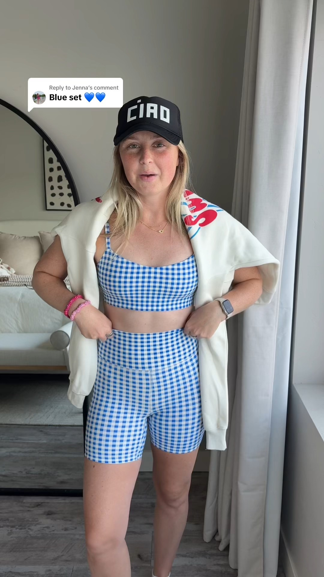 Wearing size small in bra, size XS in shorts (exchanging for a small) and large in crewneck! 