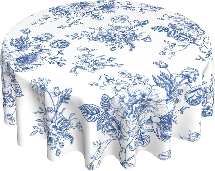 Kawani Blue White Floral Round Tablecloth 60 Inch Vintage Flower Table Cloth Elegant Rustic Polye... | Amazon (US)