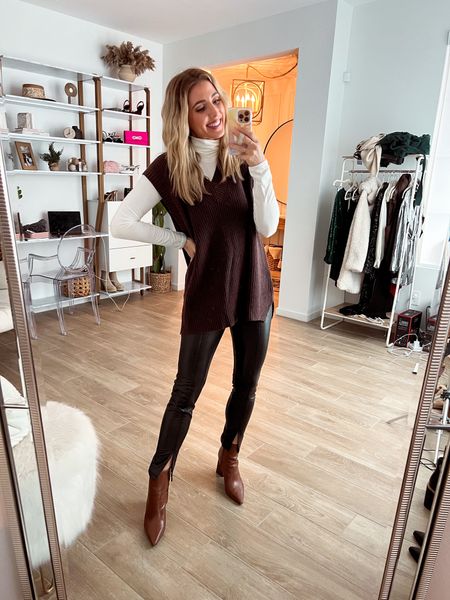 Sweater vest, faux leather black pants and long sleeve white turtleneck run tts and are discounted with code ALWAYSMELISS
Boots run tts

#LTKshoecrush #LTKunder100 #LTKstyletip