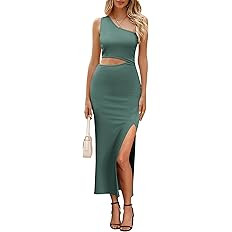 PRETTYGARDEN Women's 2025 Summer Midi Dress Sleeveless One Shoulder Cutout Side Slit Bodycon Dres... | Amazon (US)