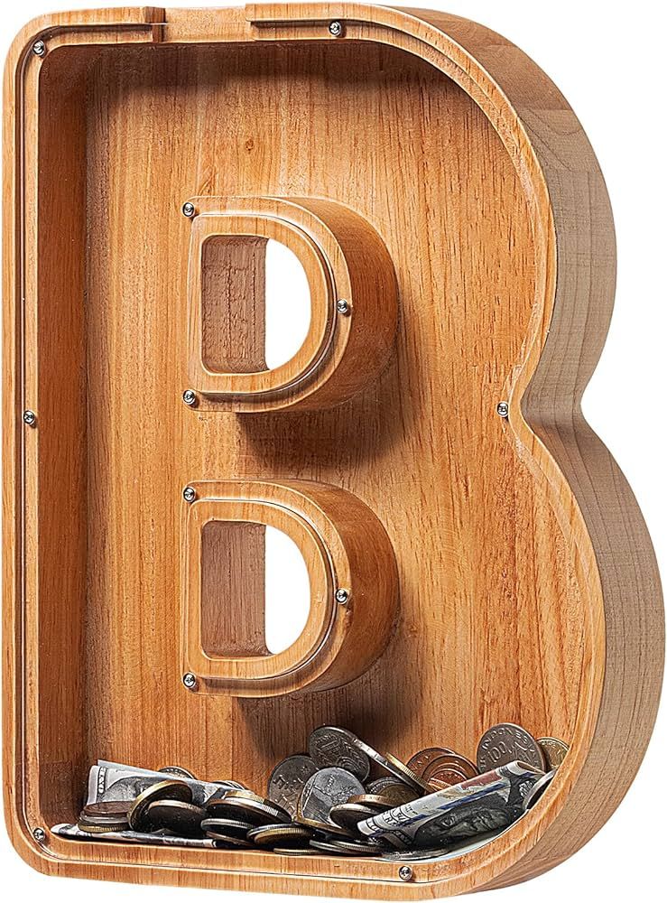 Piggy Bank for Kids Boys Girls, Large Personalized Wooden Letter Piggy Bank with Cut-Out Design, ... | Amazon (US)