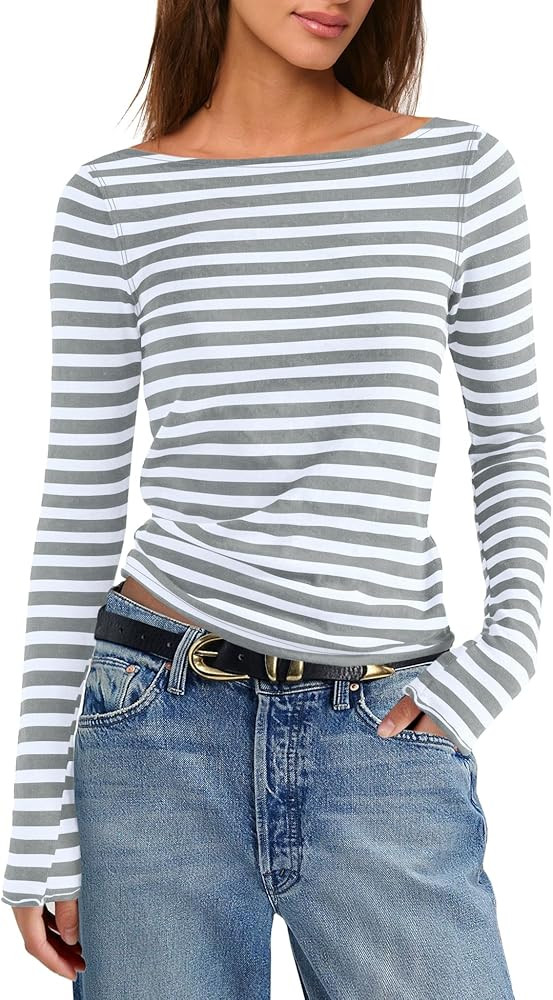 Yanekop Womens Striped Long Sleeve Shirt Fitted Basic Tops Boat Neck Layering Shirts Spring Tees ... | Amazon (US)