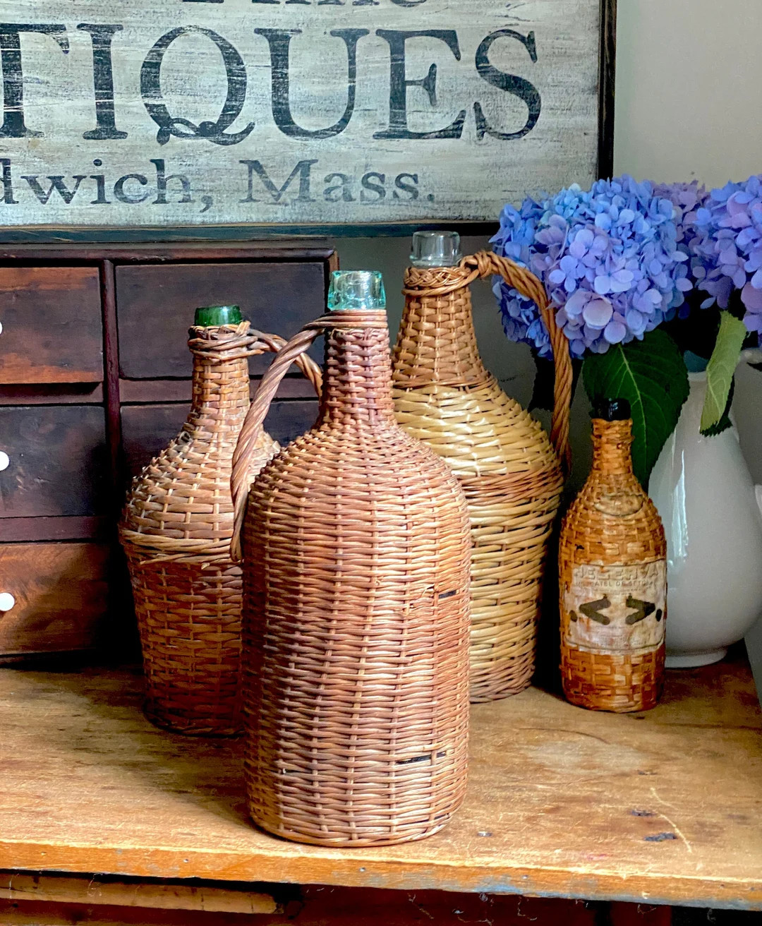 Antique Wicker Wrapped Turquoise Demijohn Bottle Basket Willow - Etsy | Etsy (US)