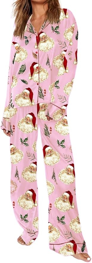 Women Christmas Pajama Set Satin Silk Bow Tie Pajama Long Sleeve Shirt and Pants Set Elegant Paja... | Amazon (US)