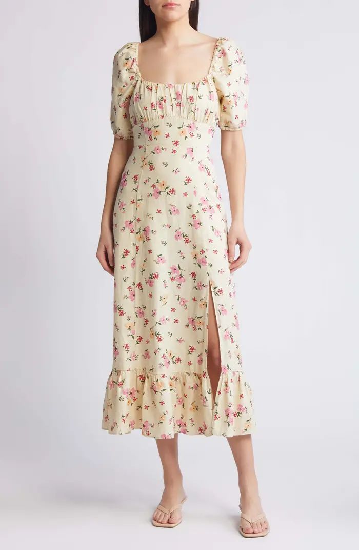 & Other Stories Floral Puff Sleeve Linen Midi Dress | Nordstrom | Nordstrom