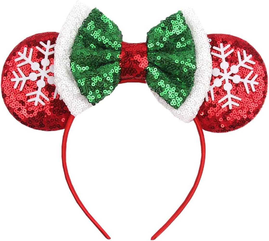 LSHDXD Christmas Mouse Ears Bow Headband Hair Hoop, Glitter Snowflake Hair bands for Christmas Pa... | Amazon (US)