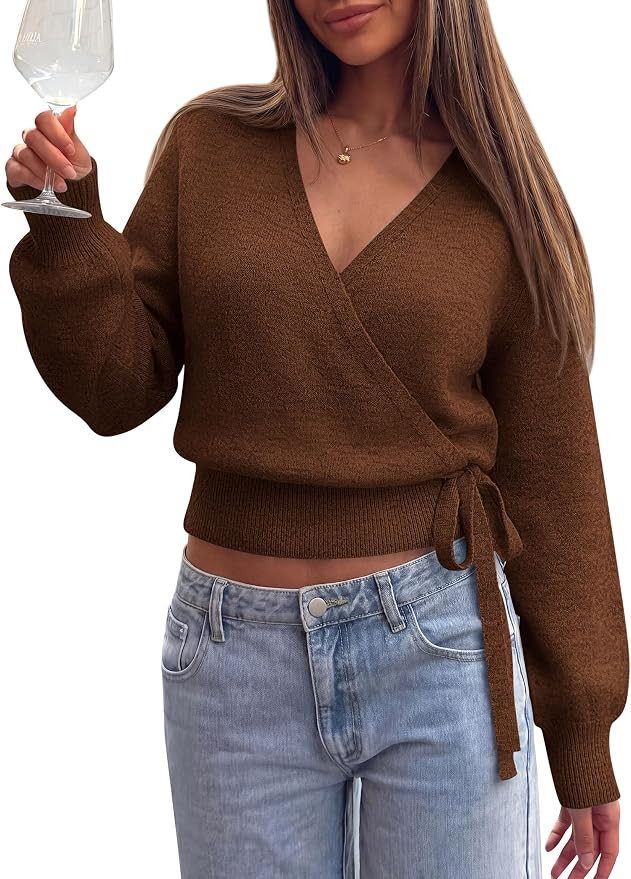 PRETTYGARDEN V Neck Wrap Sweaters for Women Fall Outifts Pullover | Long Sleeve Knit Tops,Cross V... | Amazon (US)