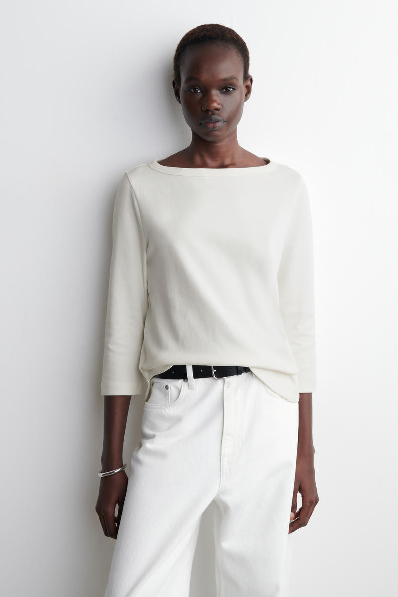 COS Women's 3/4 Sleeve Cotton Top in White | Cotton/Stone | Size: Large | COS (AU)