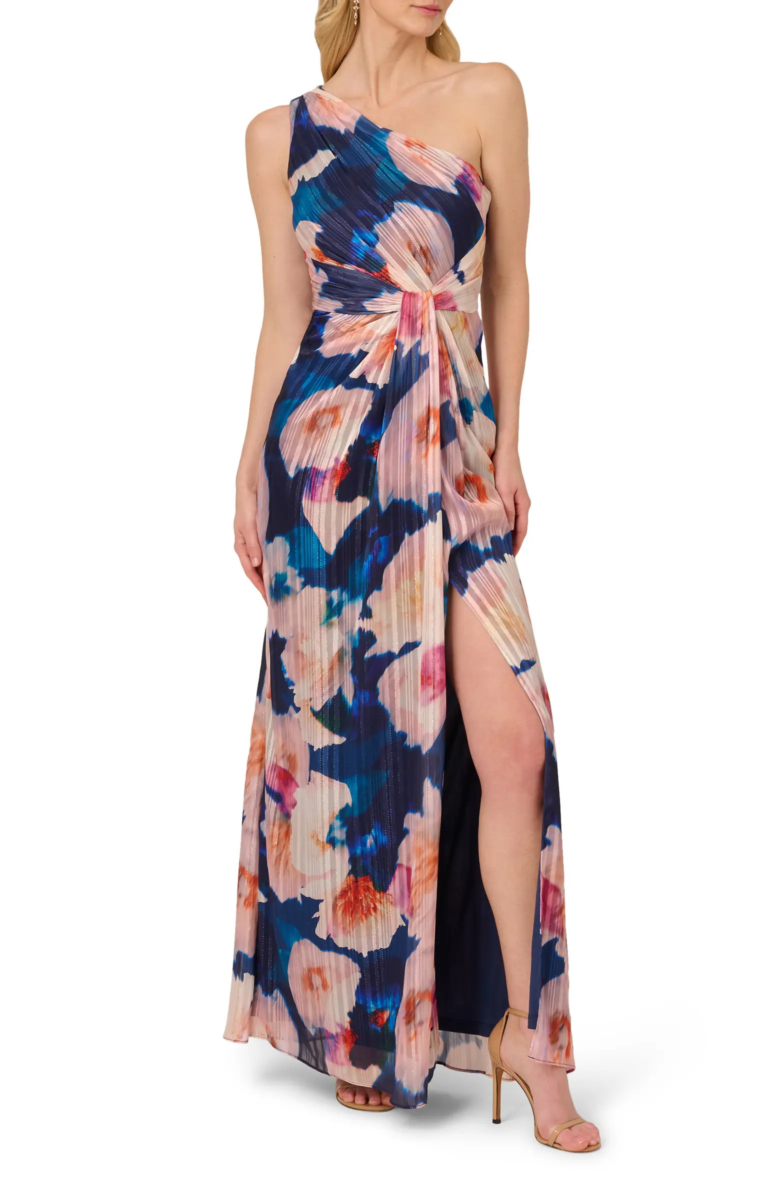 Adrianna Papell Pleated Floral One-Shoulder Chiffon Gown | Nordstrom | Nordstrom