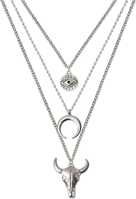 Boho Layered Necklace for Women Men Western Necklaces for Women Silver Crescent Pendant Necklace ... | Amazon (US)
