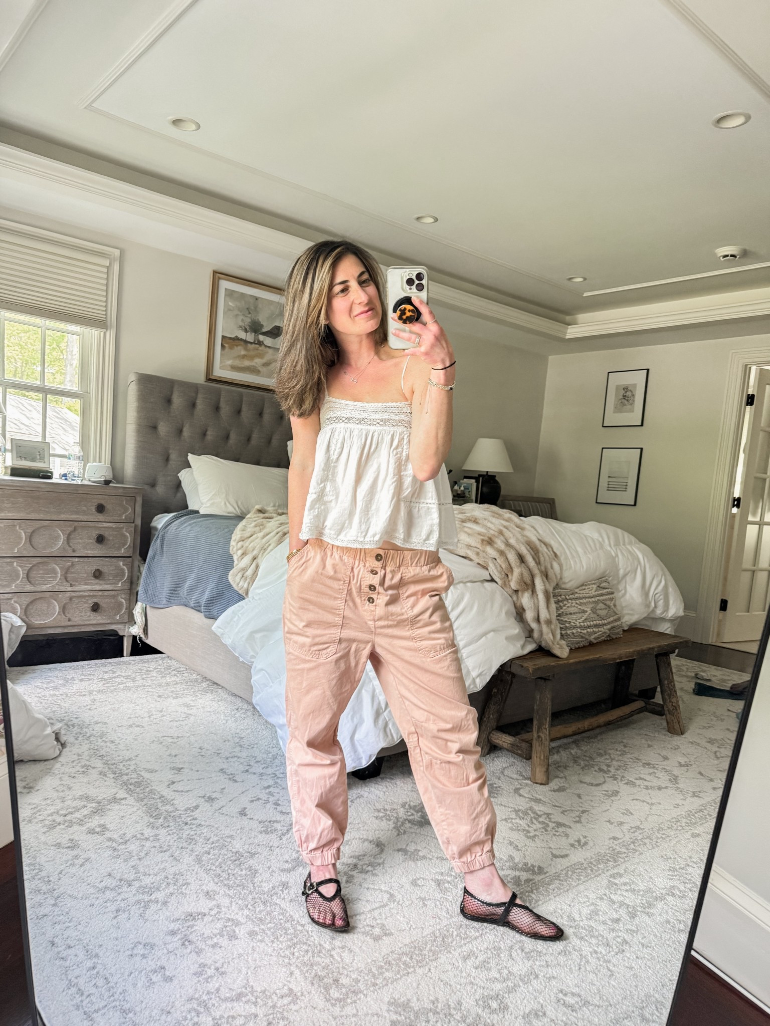 Low rise baggy bottoms lacy flowy top with mesh flats 

#LTKSummerEdit #LTKSeasonal #LTKPetite