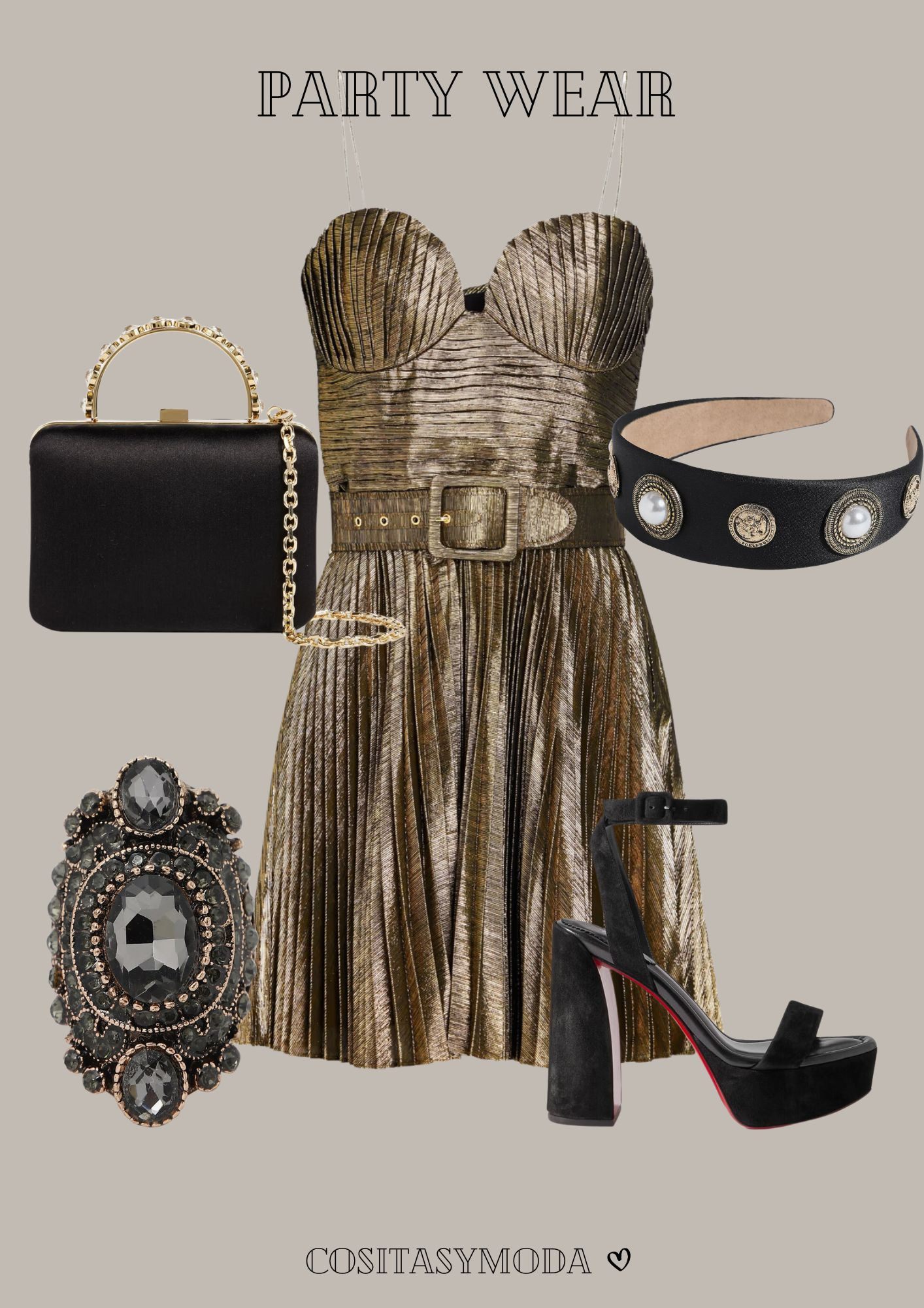 Party Wear Outfit

- Josie pleated metallic twill mini dress
- Crystal-embellished satin clutch
- Movida Sabina 130 suede platform sandals
- Ring 'Sloane' SOHI
- Jewelry for hair 

 #LTKspring #LTKsale #LTKstyletip