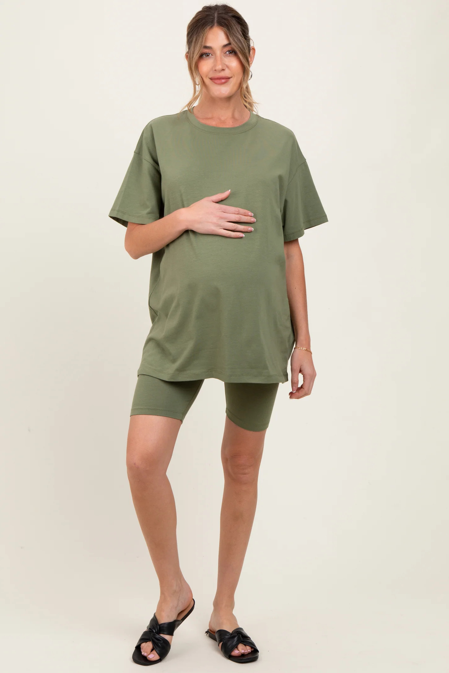 Light Olive Biker Shorts Maternity Set | PinkBlush Maternity